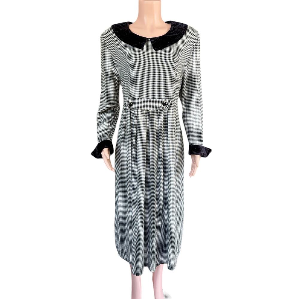 Vintage 80s Jessica Howard Houndstooth Dress Long Sleeve Peter Pan Collar XL 16